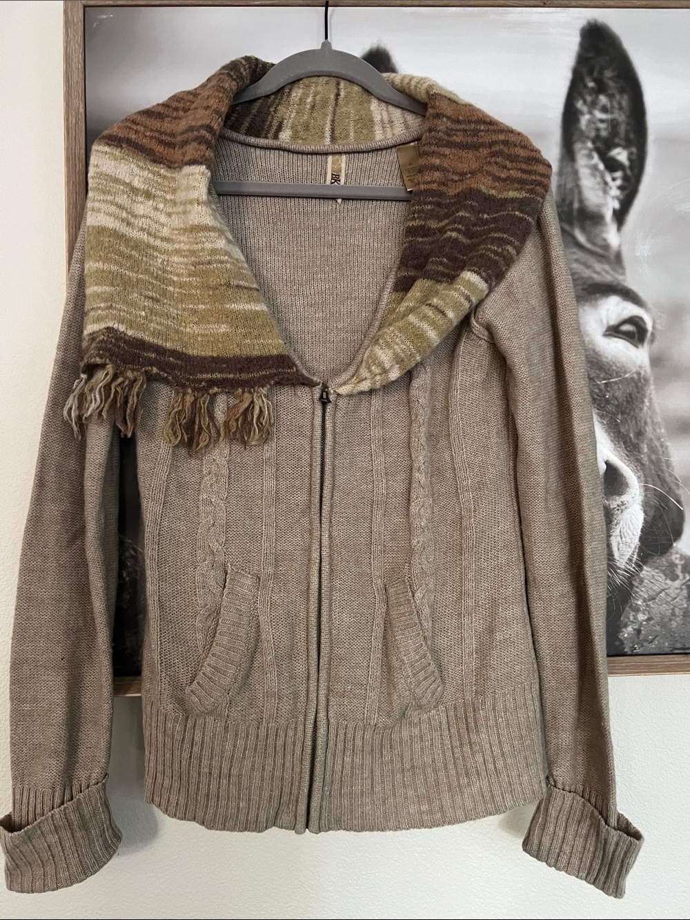 BKE Taupe Zip-Front Cable Knit Sweater with Multitone Shawl Scarf